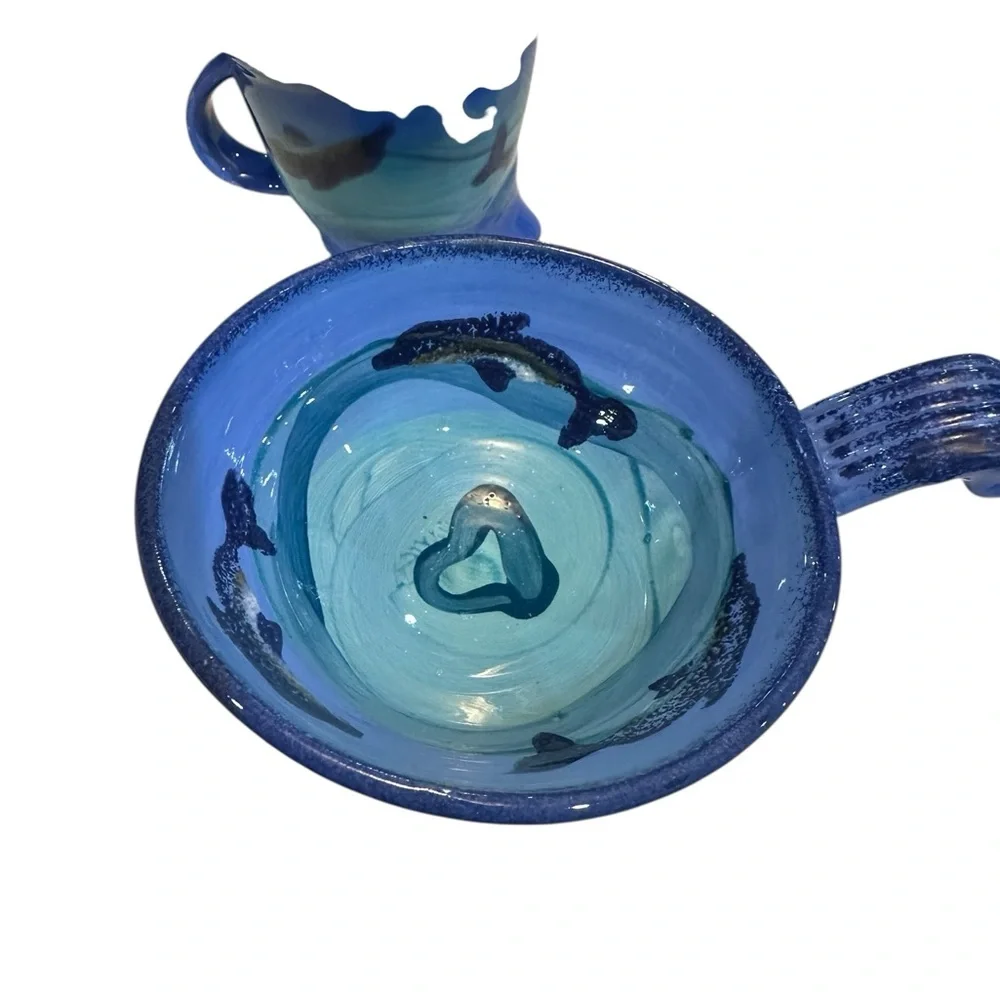 Handmade Blue Whale Pottery‎ Creamer Pitchers & Bowl Set Signed